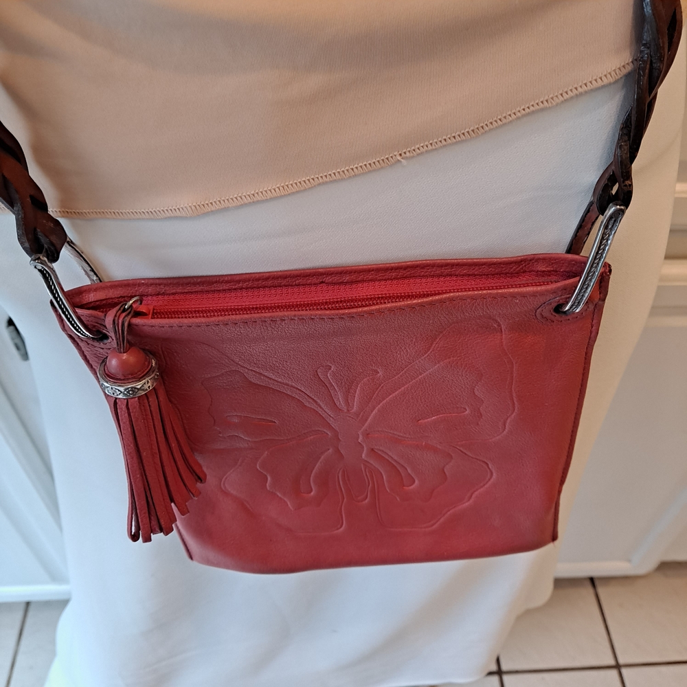 Brighton Coral Butterfly Embossed Crossbody W/Tassel & Genuine Silver Hardware - Picture 4 of 8